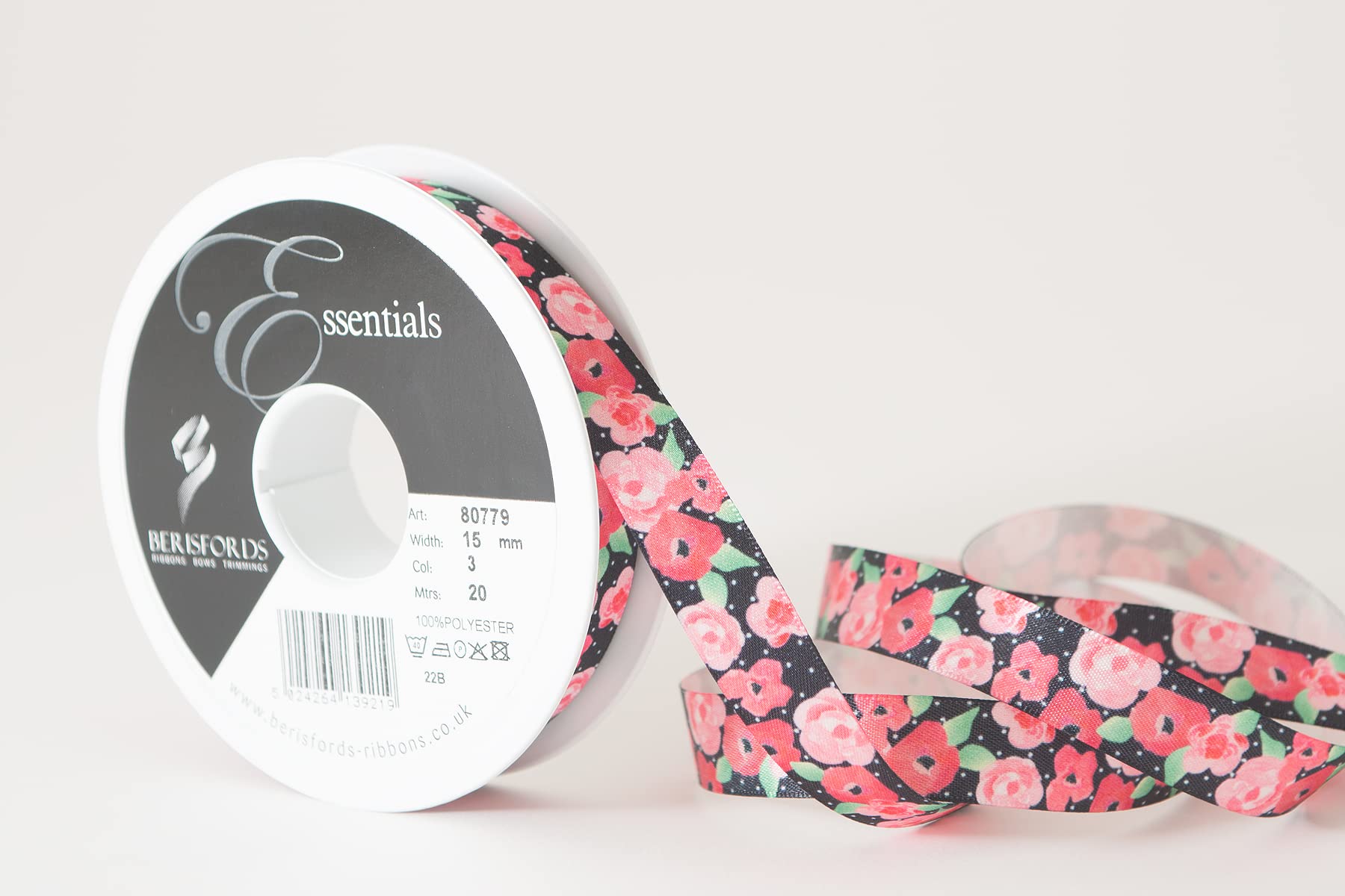 Berisfords Black/Multi Satin Patterned Ribbon ‘Fleur’ Multicolour On 15Mm Wide 20M Reel