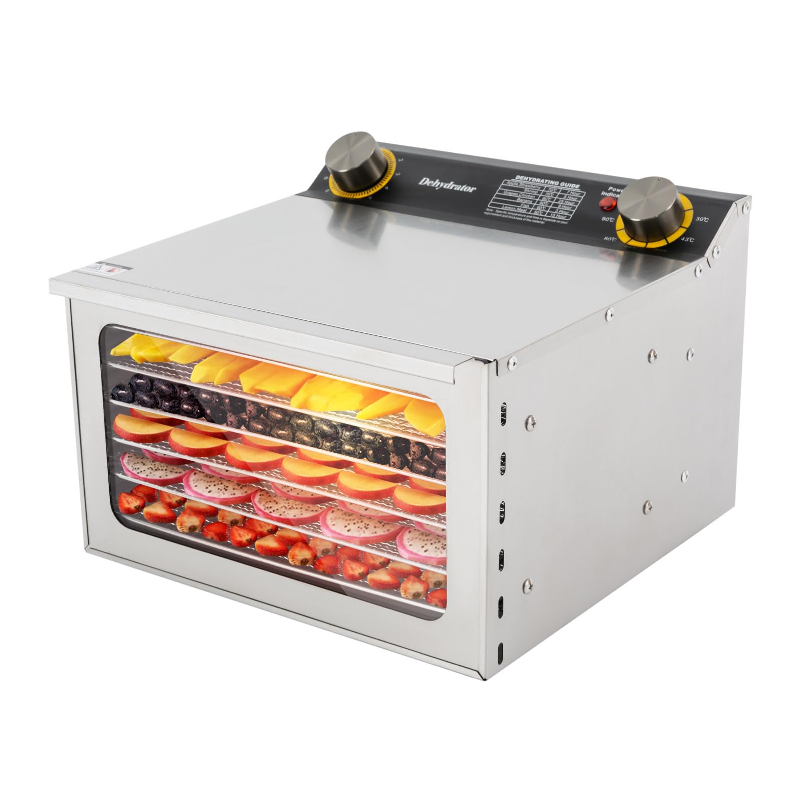 Suszarka ze stali nierdzewnej, z tackami o regulowanej wysokości, wyświetlacz LED, 400 W, 30-90°C, timer 12 h, do żywności, grzybów, owoców, mięsa, ryb, warzyw, bez BPA