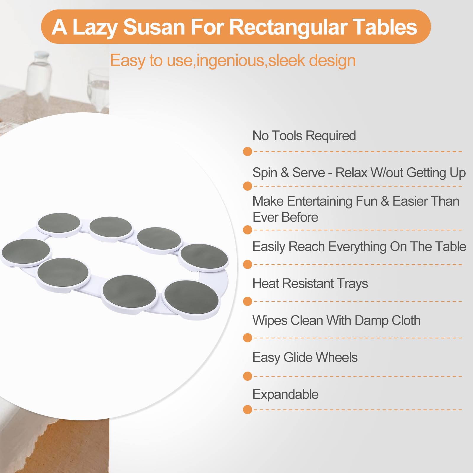 Tocadiscos expandible, bandeja giratoria de 360° para mesas de comedor, ideal para mesas rectangulares y rectangulares, perfecta para tazas de alimentos, fiestas y reuniones