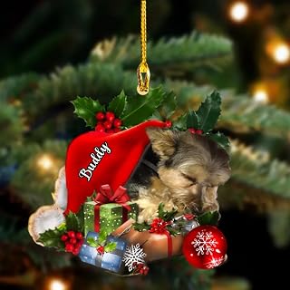 Personalized Morkie Dog Sleeping in Hat Christmas Hanging Ornament, Custom Dog Name, Gift for Dog Lovers, Christmas, Birthday, Car Accessories, Home Decor - G113