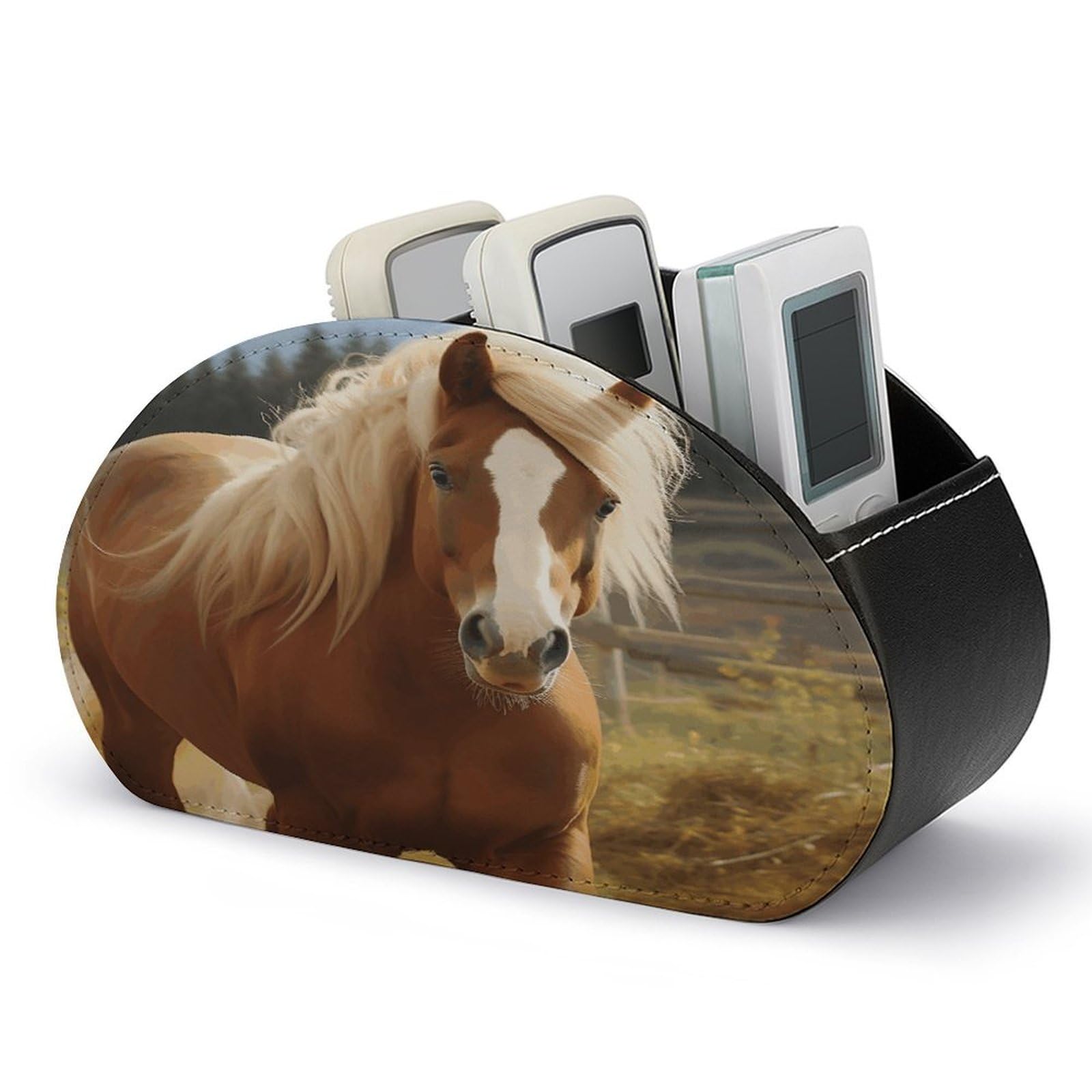VstaDank - Brown Horse Remote Control Stand with 5 Compartments TV Box PU Leather Multifunctional Computer Storage Bedside Table Organizer