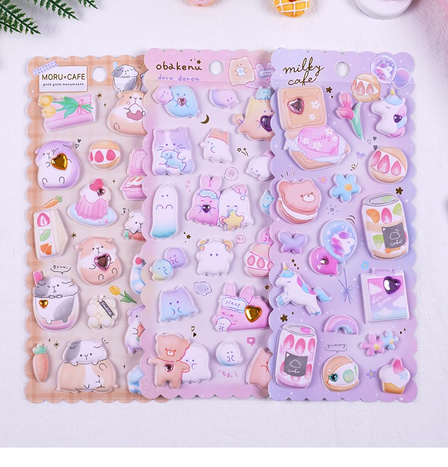 Image of Kawaii Cafe 3D Puffy Stickers Set - Cute Animals, Dessert & Milk Tea Stickers for Journaling, Scrapbooking, Planner Decoration, School Projects & DIY Crafts