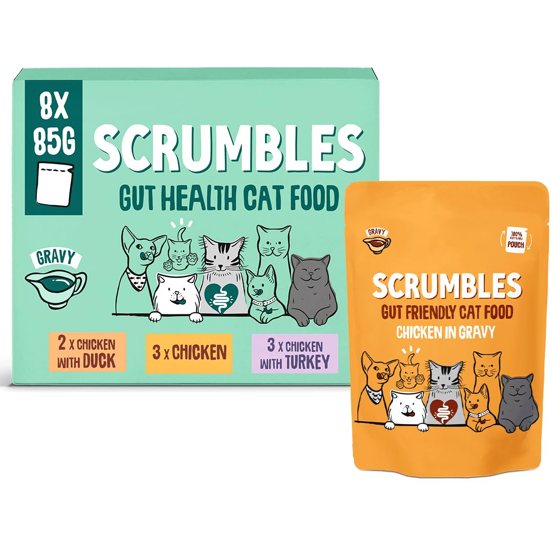 Scrumbles • Wet Cat Pouches • Gravy • Hypoallergenic • All Lifestages • 3x Chicken • 3xChicken with Turkey • 2x Chicken with Duck • 8 Pouches (85g) • 80%+ Meat • Prebiotics
