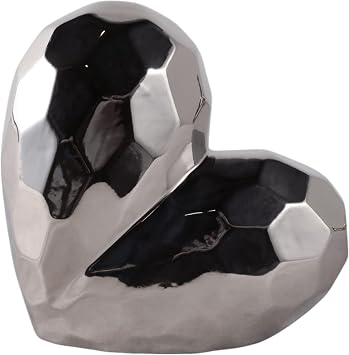 Decorative Ceramic Heart Sculpture for Home Decor - Ornament for Bathroom, Office, and Living Room Decor - Modern Figurine Accent for Bedroom, Shelf Display, and Coffee Table - 8", Silver & Metallic