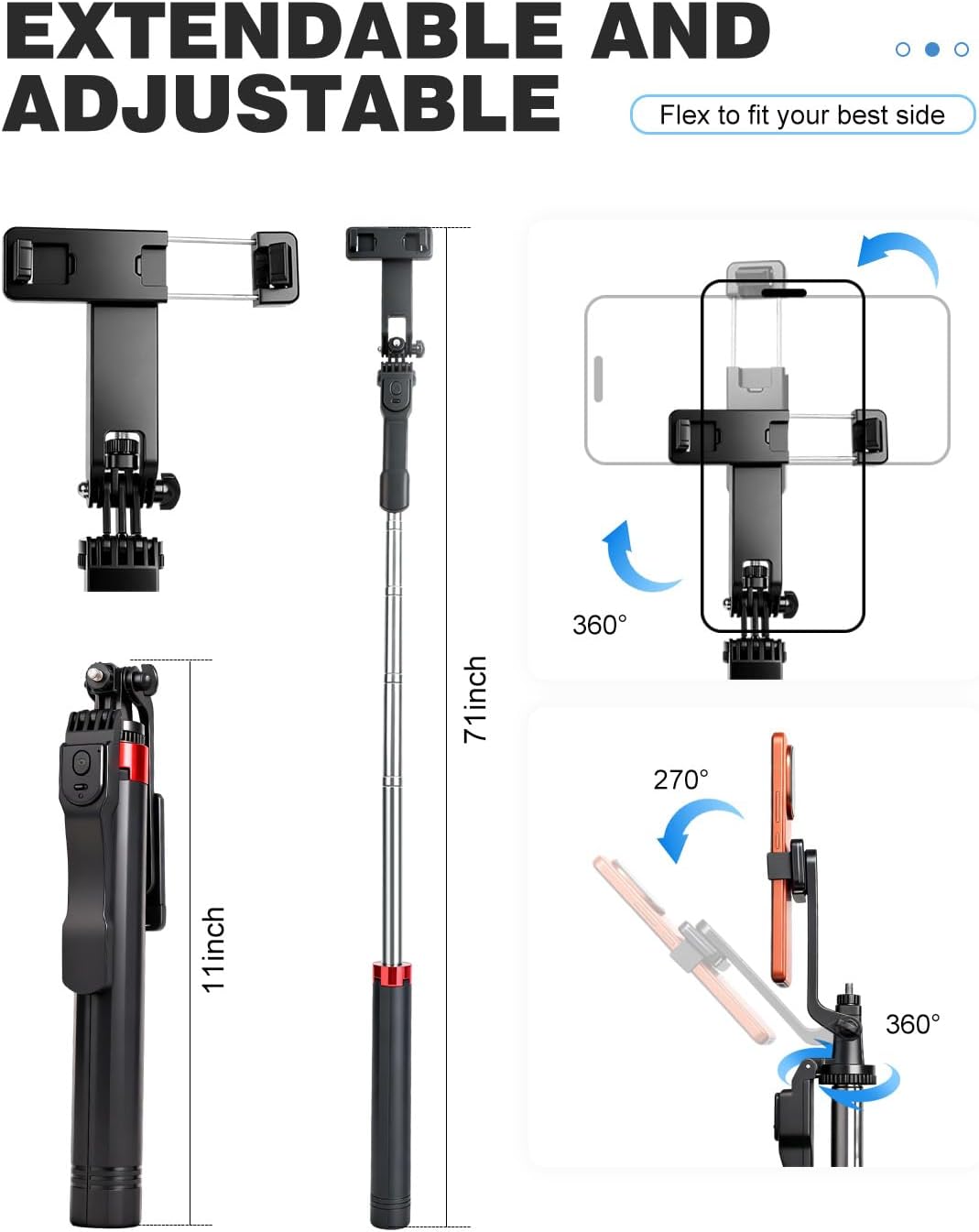 71" Phone Tripod Selfie Stick for iPhone/Android/Camera, Cell Phone Tripod Stand with Wireless Remote Control, Extendable Phone Mount 360° Rotation - Image 3