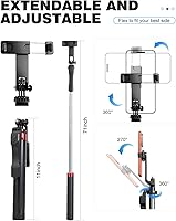 Vista 3 de Trípode de teléfono de 71 pulgadas para iPhone/Android/cámara, trípode para teléfono celular con control remoto inalámbrico, soporte extensible