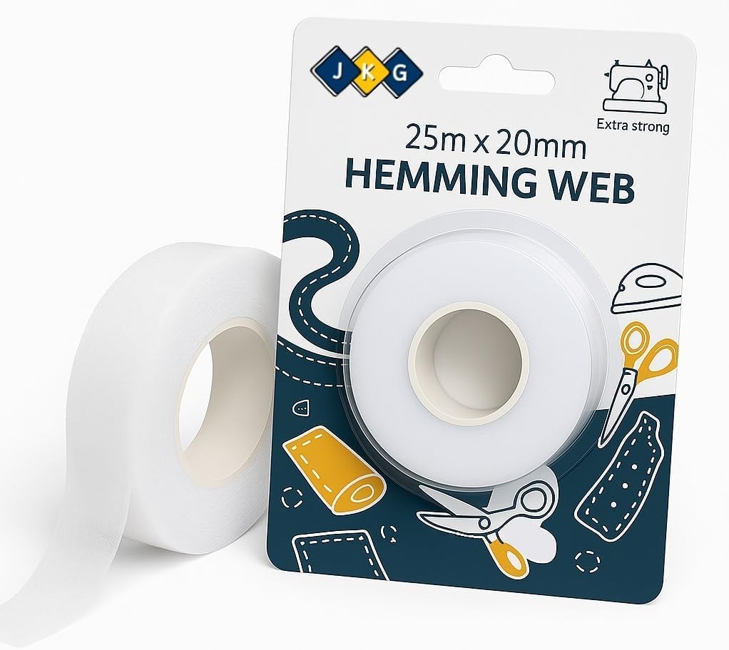 JKG® 25 meters IRON ON HEMMING WEB TAPE - EXTRA STRONG - Perfect for Ironing, Bonding, Patching clothing, Fabric fusing - School badges, trousers etc - NO SEWING REQUIRED (25m x 2cm)