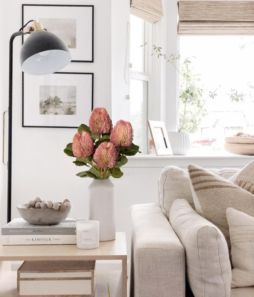 4Pcs Artificial Flowers Bouquets 23 Inch Fake Fall Flower Pink Long Stem Autumn Faux Banksia Flowers Floral Arrangements for Home Bedroom Table Wedding Party Boho Decor - Image 7