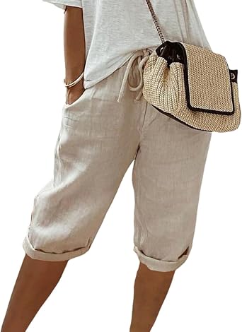 Womens Cotton Linen Shorts Knee Length Drawstring Elastic Waist Summer Casual Gym Going Out Shorts with Pockets