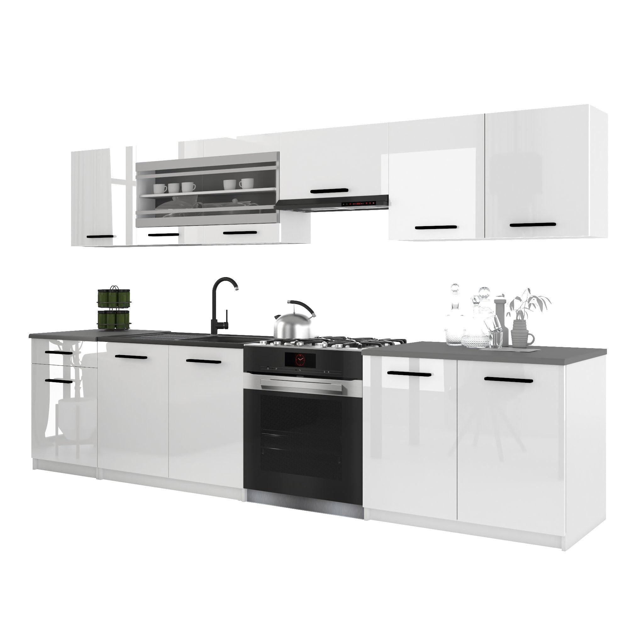 Belini Italia 4 Küchenzeile Küchenblock 260cm Weiß Hochglanz | Küchenset als gerade Küchenzeile, weiße Korpusse, DECOR ECONATURA Material, kratzfest, ohne Elektrogeräte, mit Arbeitsplatte