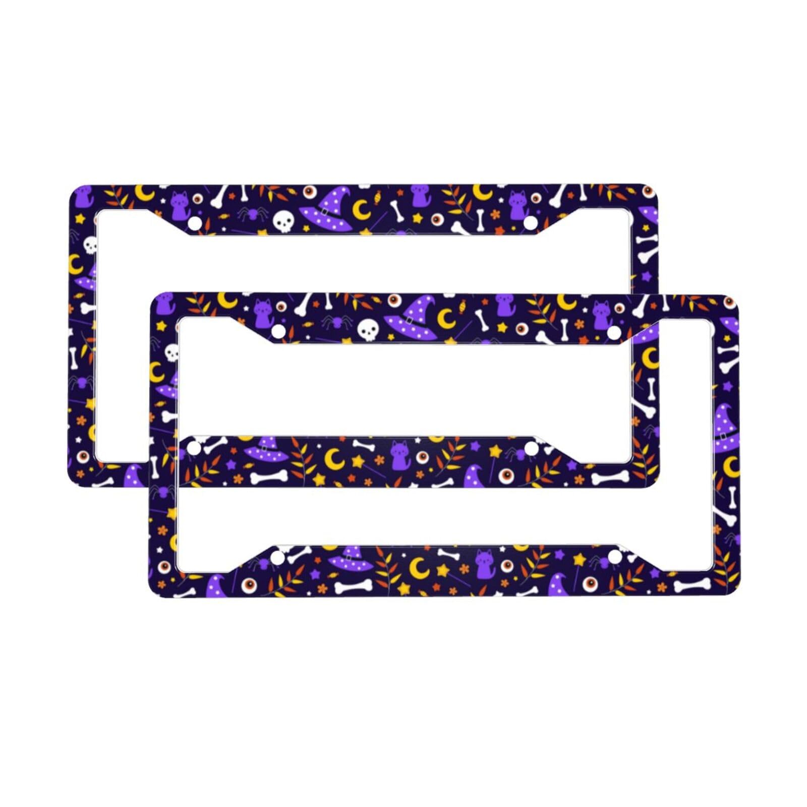 Witch Hat Magic Wand Skull and Bones License Plate Frames 2 Pack Funny License Plates Frame Holder Cover Metal Aluminum Halloween Car Tag for USA Canada Vehicle with 4 Holes