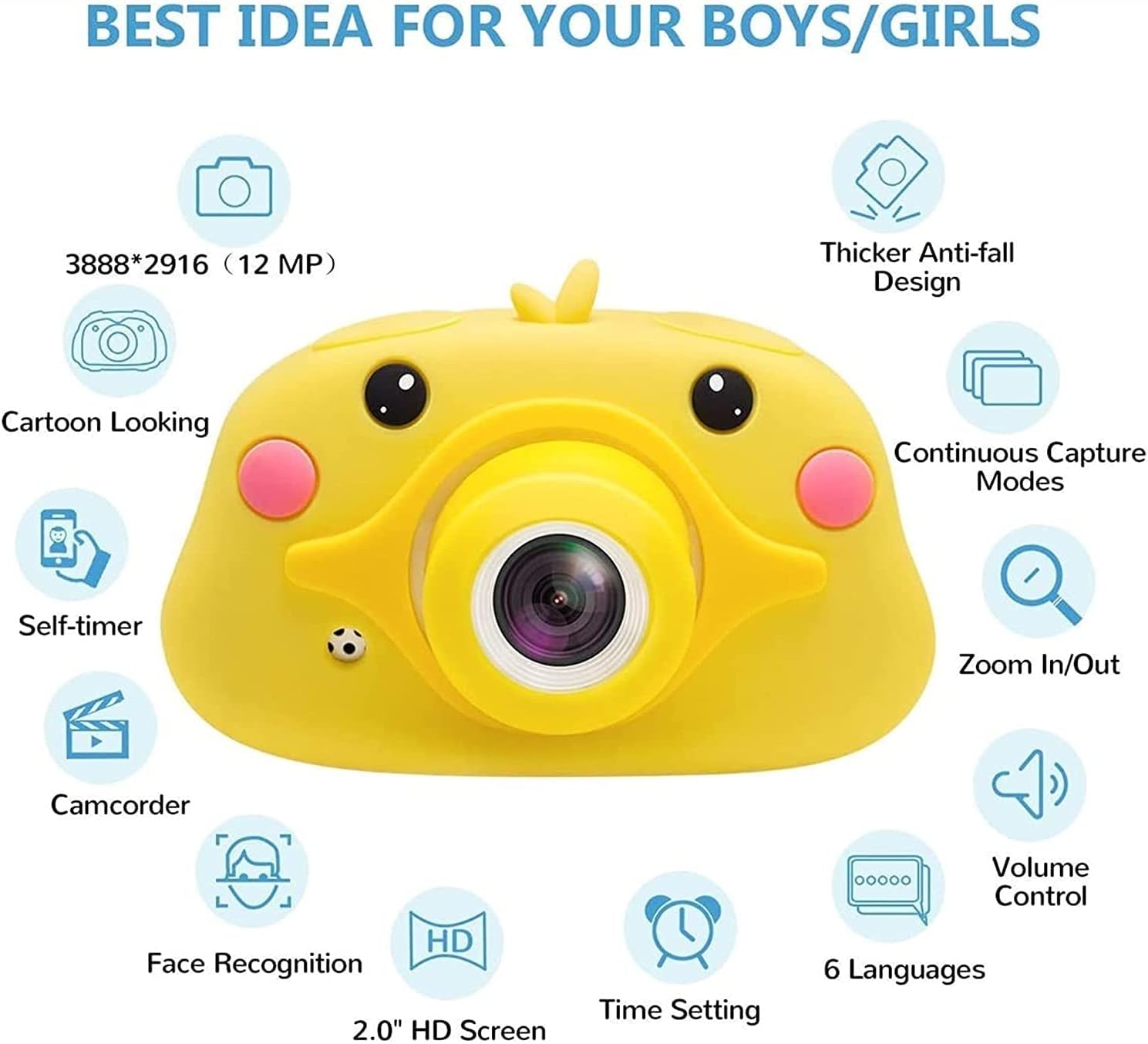 Kids Camera for Boys Girls Gifts with 16GB Card, 12MP Selfie 1080P HD Digital Video Camcorder Camera for Children Shockproof Mini Child Cameras with Flash