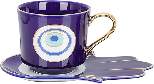 Luxshiny Juego de tazas de café de ojo malvado taza de café turco de ojo azul con leche de agua, taza de té con amuleto de protección con plato de