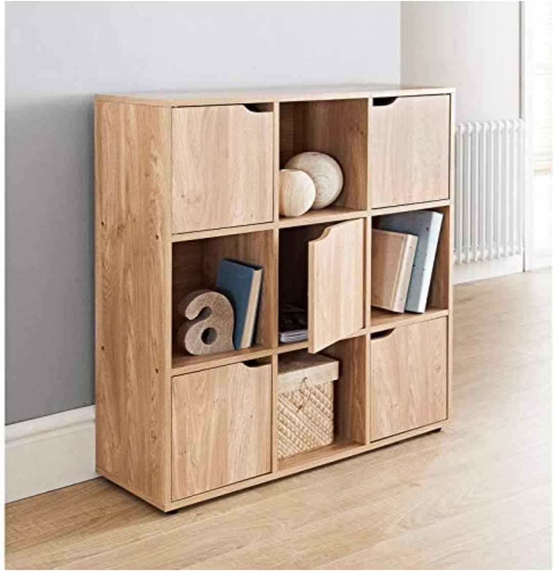 MDF Oak 9-Cube Storage Unit for DVDs, Books or CDs with 5 doors and 4 Open Storage Cubes