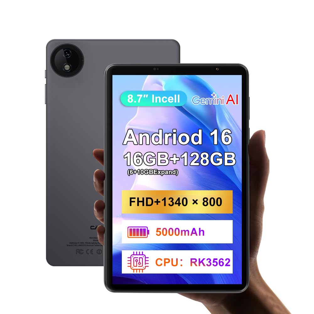 Tablet Android 15 da 8,7 pollici, display Incell, 16 GB (6 + 10) GB + 128 GB con custodia
