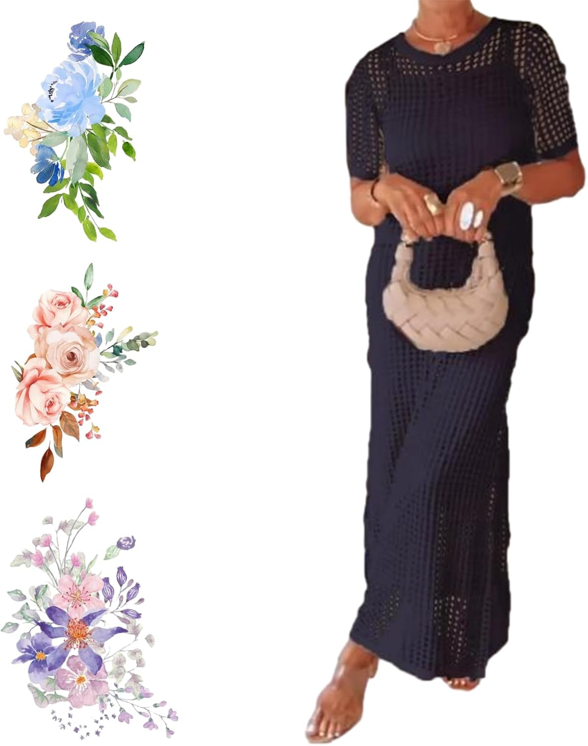 Elegant Knit Mesh Layered Two-Piece Maxi Dress, Mesh Dress, Short Sleeve Maxi Dresses Women Cover up Dress Dark Pink