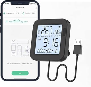 Smart Universal IR Blaster with Temperature Humidity Sensor, Tuya Universal IR Remote Control with Backlight LCD Display, One for All Control AC TV DVD CD AUD SAT etc., Large LCD Display, Backlight