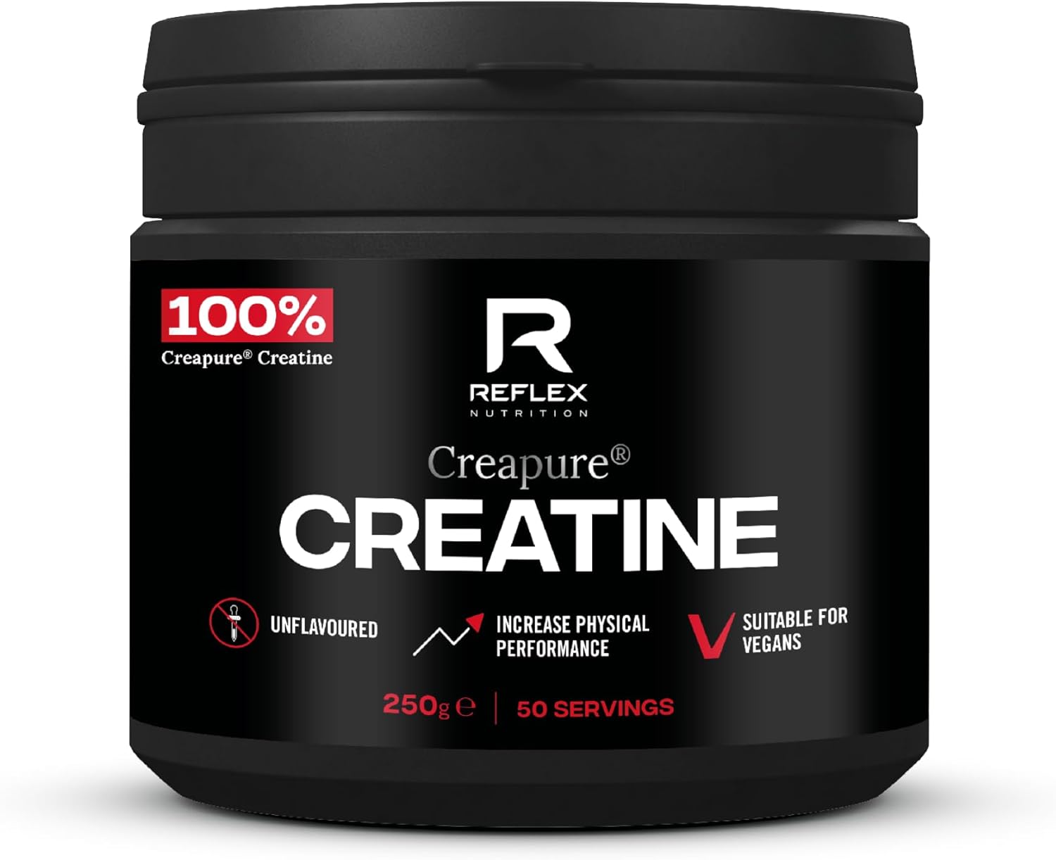 Reflex Nutrition Creapure® Creatine Monohydrate Powder Unflavoured – 100% Creatine for Strength, Muscle Gains & Recovery – No Fillers or Additives – 250g (Vegan Creatine 5g per Serving, 50 Servings)