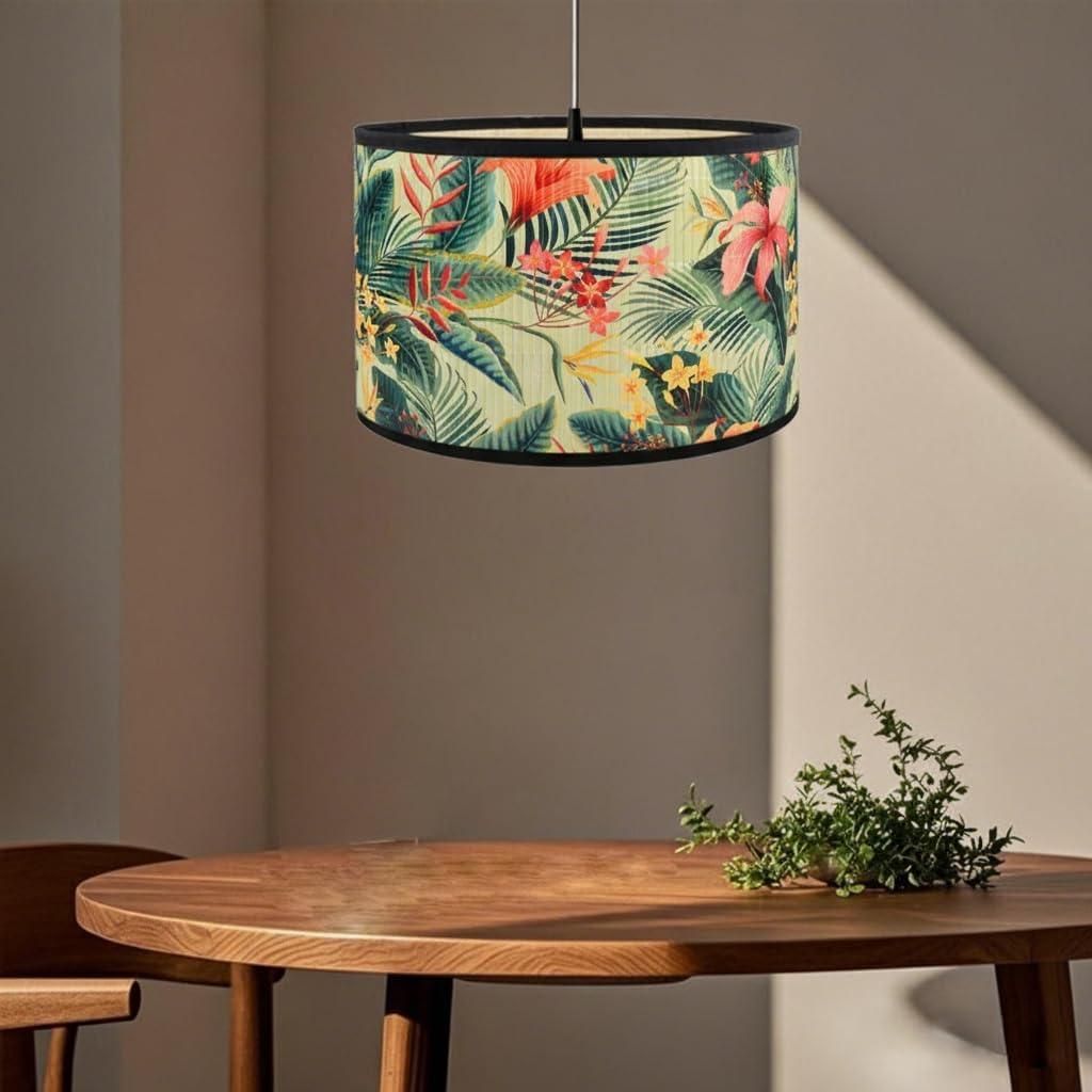 Kinhwa Decorative Modern Round Drum Lampshade for Table Lamps and Pendant Lights, Stylish Patterned Light Shade Easy Fit for Living Room, Bedroom, Hallway, 30cm*20cm (Tropical Rainforest)