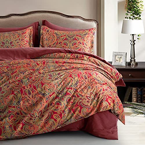 Classical Paisley Duvet Cover 3pc Set Bohemian Bedding Boteh Damask Medallion 400TC Egyptian Cotton Sateen Luxury European Traditional Style Bed Linen (Red Gold, Super King)