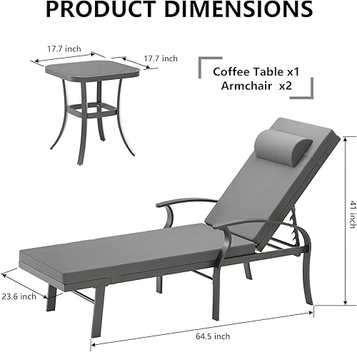 Miniatura 9 de ALAULM Juego de 3 sillas de descanso de piscina, sillas de descanso ajustables para exteriores con cojín de esponja, sillas plegables y portátiles y