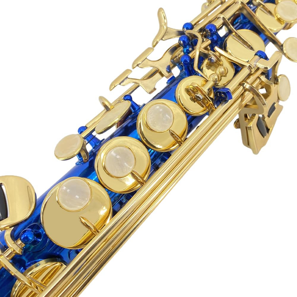 Saxofón soprano recto Bb de latón, instrumento de viento de madera, hermoso saxofón recto lacado azul para principiantes, juego combinado con funda de transporte y accesorios