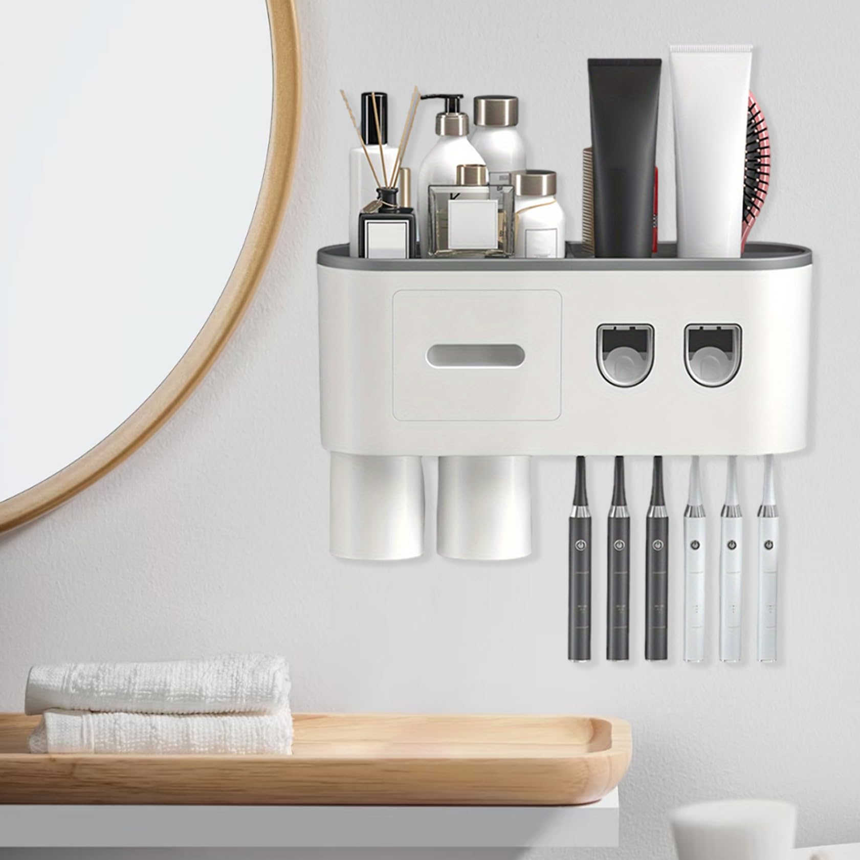 Soporte for cepillos de Dientes montado en la Pared, dispensador automático de Pasta de Dientes, Organizador de baño sin Taladro for Almacenamiento en la encimera,