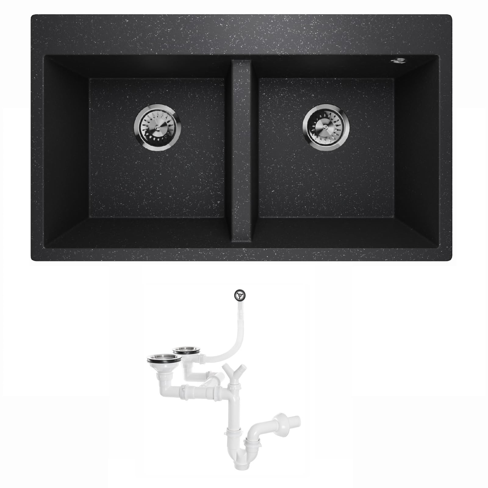 Lavello Elle 2.0 Évier de cuisine en granit double évier encastrable avec siphon Noir graphite
