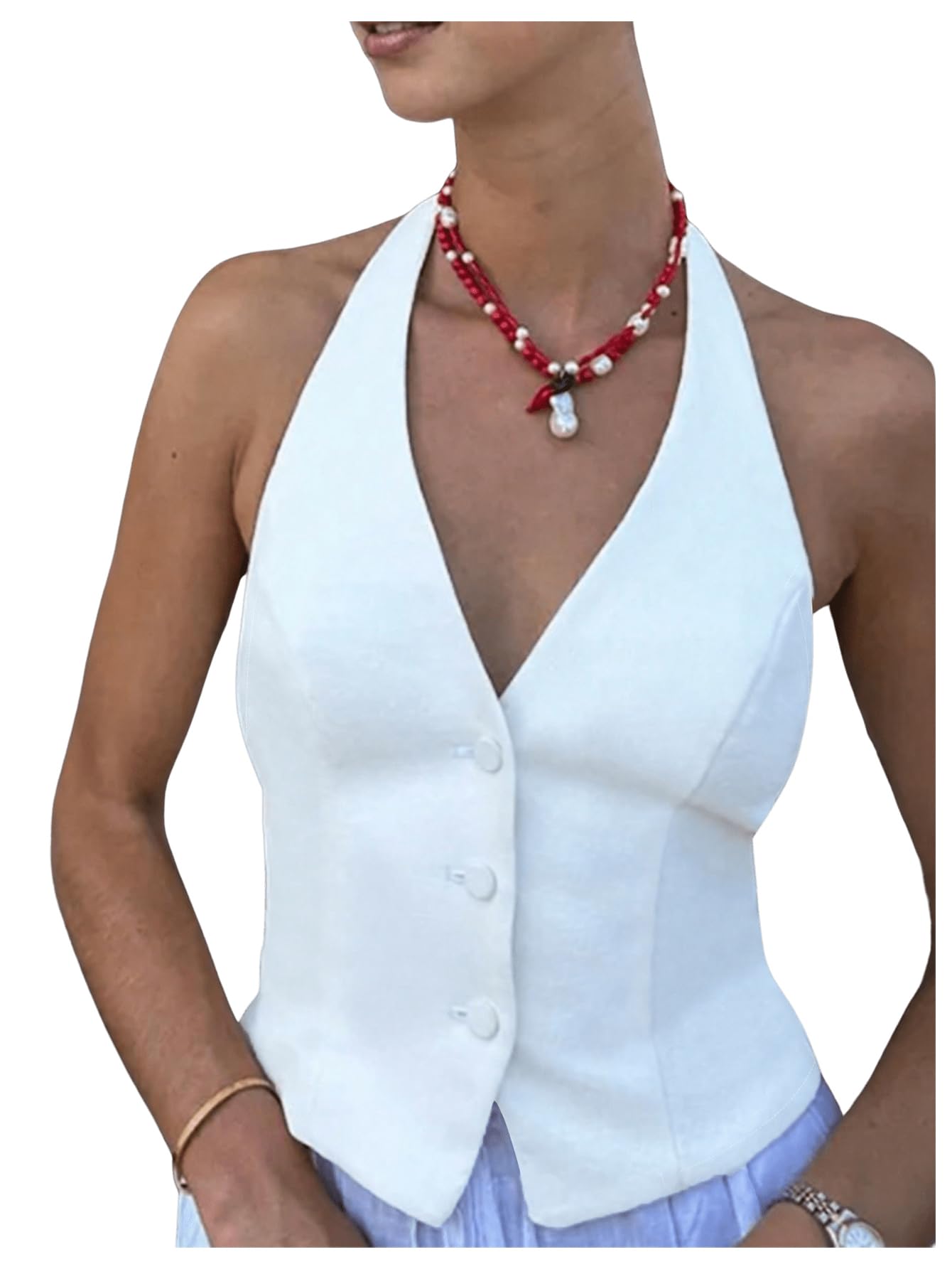 SHENHE Womens Backless Halter Crop Vest Button Up V Neck Dressy Going Out Suit Vest Top