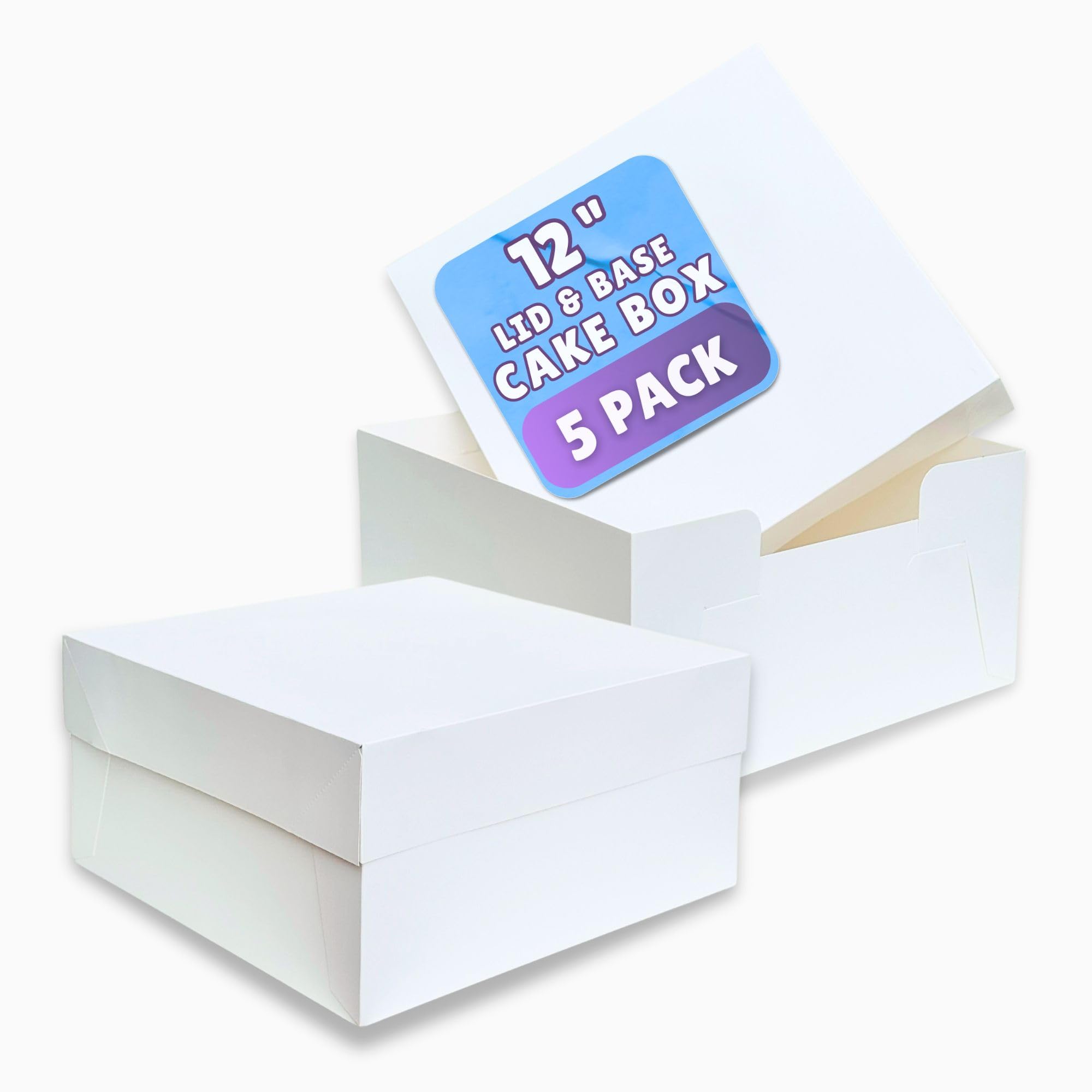 PACK N TRADE White Cake Box 12 inch, Pack of 5 Square Cardboard Cake Boxes with lids (12 x 12 x 6 Inches)