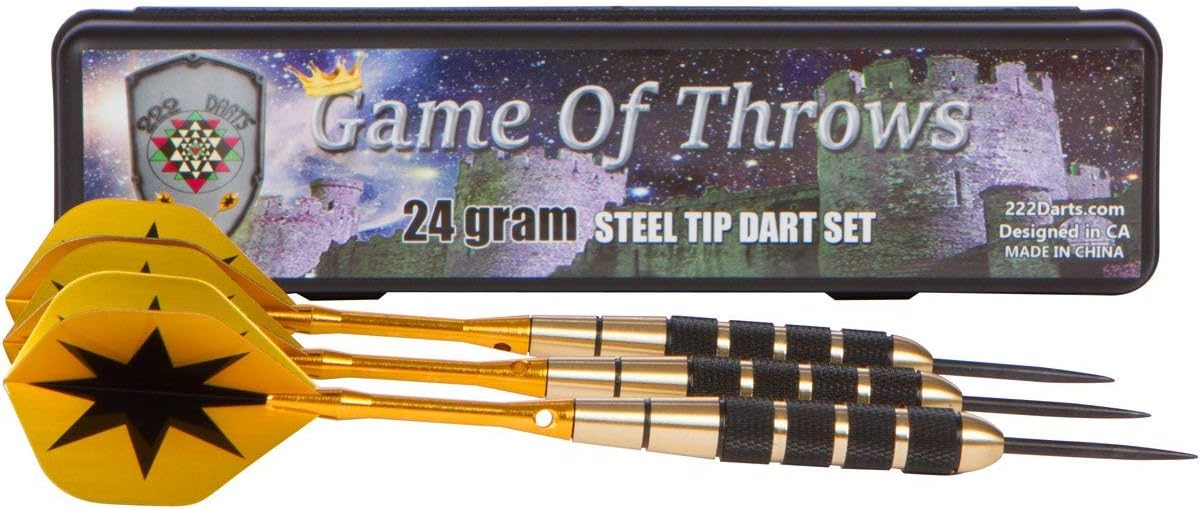 Game of Throws 24 Gram Steel Tip Dart Set with Case. 2 Different Aluminum Shafts for Custom Feel. Extra Flights & Shafts Included! Brass Barrels. 6 Flight Protectors.