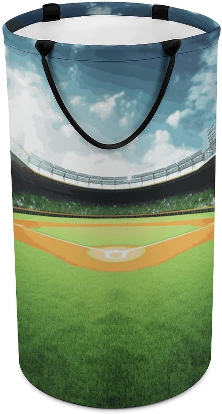 Foldable Dirty Clothes Hamper - Green Baseball Field Backdrop Printed Laundry Basket with Handles for Blankets And Dirty Clothes in The Living Room, Bathroom And Bedroom