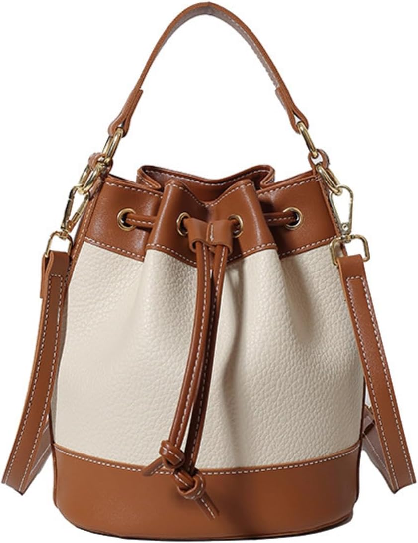 Women's Bucket Handbag, Drawstring Crossbody Purse, Stitching Color Litchi Grain Small Bag