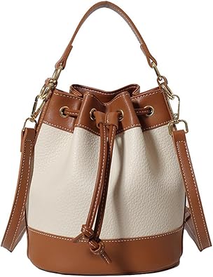 Womens Bucket Handbag, Stitching Color Litchi Grain | Drawstring Closure, Crossbody Purse, Small Bag