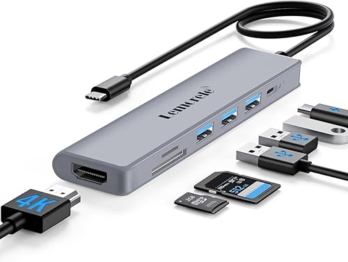 Lemorele Adaptador USB C Hub 7 en 1 con HDMI 4K a 30Hz, carga PD de 100 W, 1 puerto de datos USB3.0 de 5 Gbps, 2 USB 2.0, SDTF, USB C Multipuerto