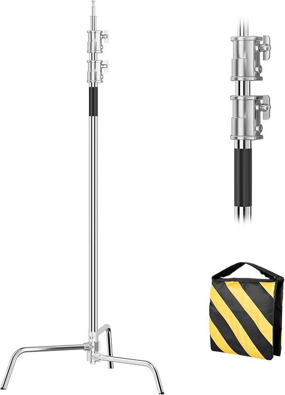 Heavy Duty C Stand, 10.8ft/330cm Stainless Steel Photography Light Stand | Triple Riser Design, Pneumatic Buffer System and Stable Turtle Base for Softbox, Strobe, Studio Lighting, 45lb Capacity