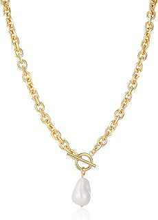 Link Chain Toggle Clasp Baroque Pearl Necklace for Women 14k Gold Plated Charm Pendant Chunky Necklaces For Women Trendy