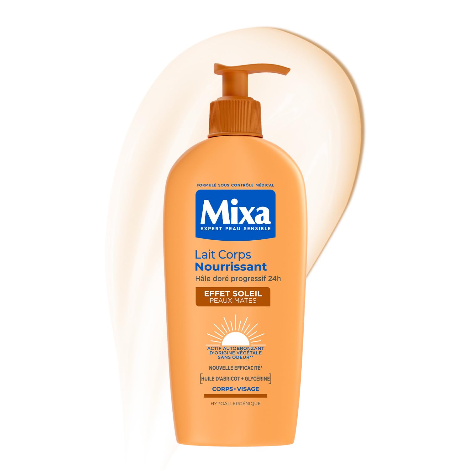 MIXA - Autobronzant - Lait Corps Nourrissant Effet Soleil - Autobronzant Progressif 24H - Nutrition - Beurre de Karité & Huile d'Abricot - Corps & Visage - Peaux Mates - 250ml
