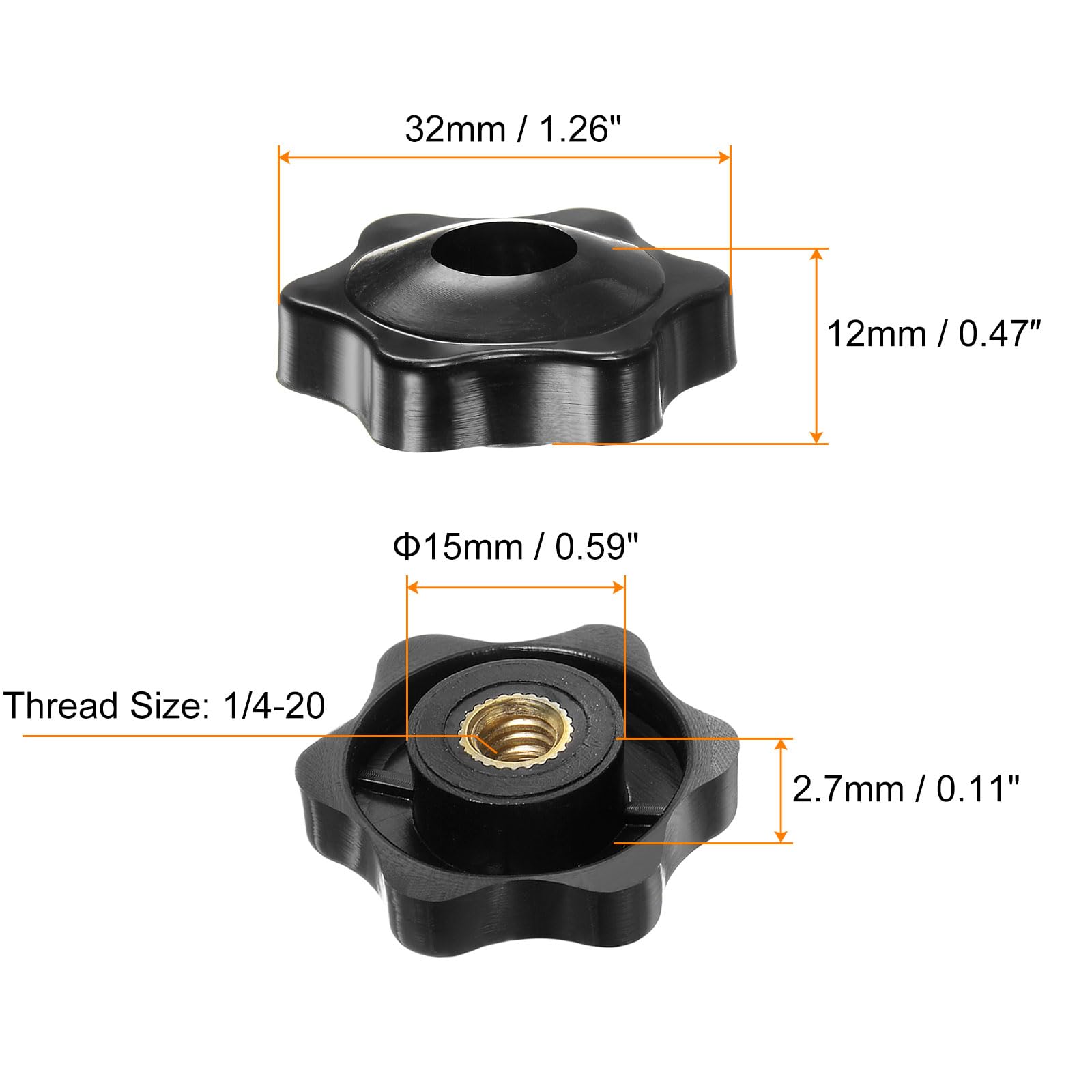 Thread Handles With Incerts Clamping Handles 6-Pack Black Star Knobs 1/4-20 Thread - 32mm Plastic ...