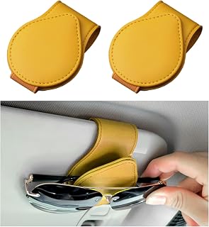 2 PCS Sunglasses Holder for Car Visor, Magnetic Leather Sunglasses Hanger Clip for Car Sun Visor, Automotive Visor Glasses Holder and Ticket Card Clip, Universal Car Accessories (Yellow)