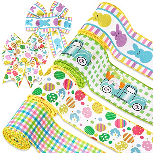 Anydesign Easter Wired Edge Ribbon 2.5 Inch 24 Yards Easer Egg Bunny Rabbit Truck Plaids Fabric Ribbon Roll Colorful Cartoon Craft Ribbon For Wrapping Diy Bow Wreath Crafts Making, 4 Rolls #TOP7