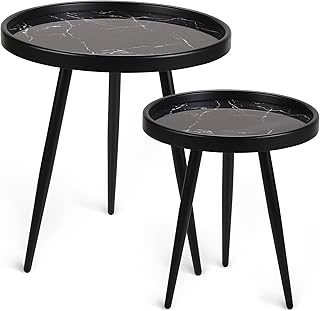 Round Side Table Set of 2,Black Marble Pattern Tray Shaped Small End Table,Circle Nightstand for Living Room, Bedroom and Any Small Space,Easy Assemble and Clean - Buy now