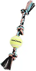 Mammoth Pet Products Mammoth Flossy Chews Color 3 Nó Tug W/Mini Bola De Tênis – Brinquedo De Puxar De Algodão E Poliéster Premium Para Cães – Interativo – Brinquedo De Corda Para Cães Pequenos – Mini 28 Cm