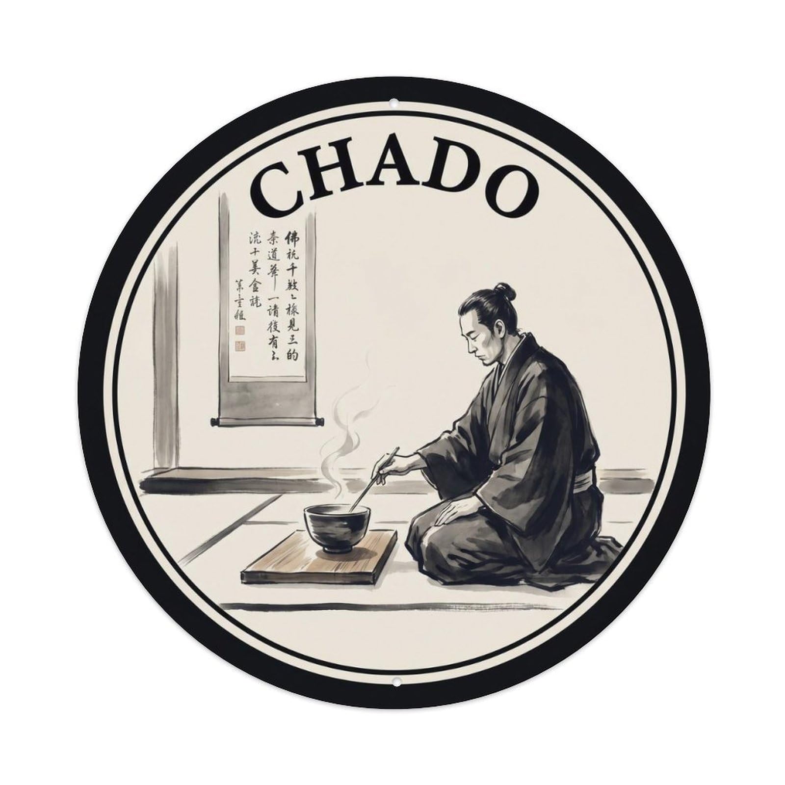 Olyhtr 8X8inch Classic Style Chado Tea Master Scroll Ink Wash Grey Japan Metal Tin Sign