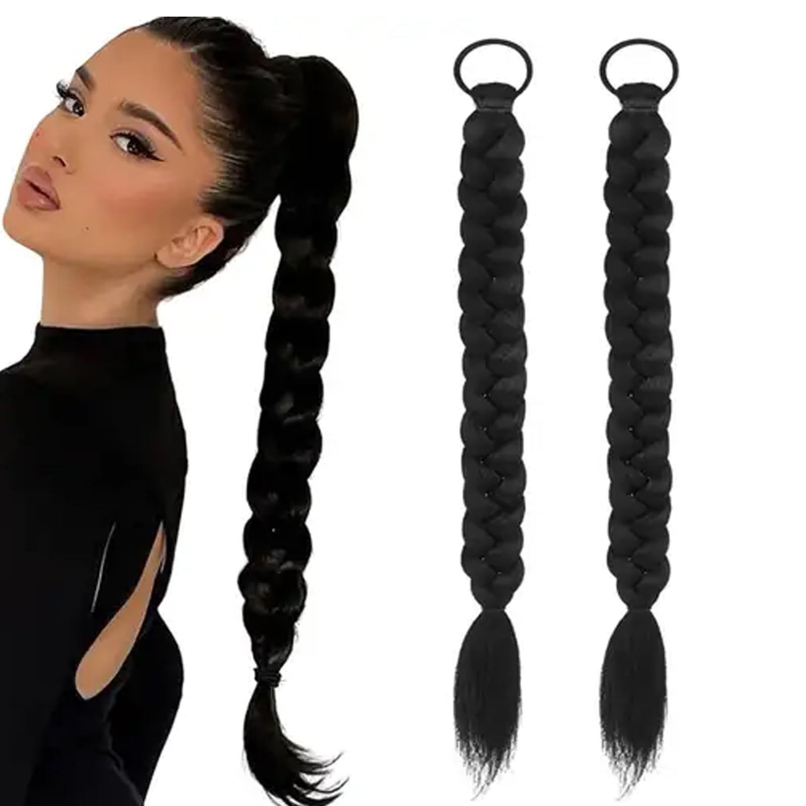 Photo 1 of 2Pcs Braided Ponytail Extensions with Hair Ties Soft Synthetic Hair Pieces for Women Girls Daily Wear 16 Inch?black?