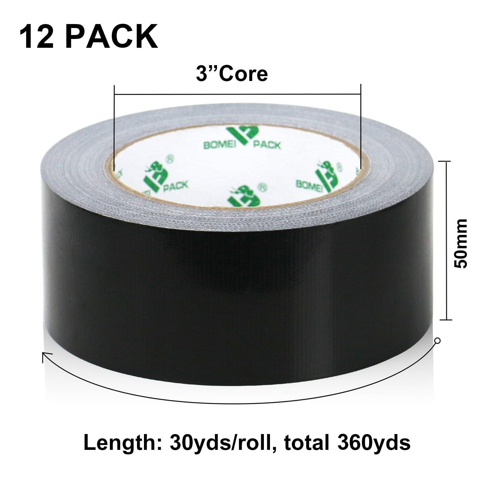 BOMEI PACK Cinta adhesiva de tela negra, 12 rollos de 48 mm x 30 yardas, cinta adhesiva reforzada resistente al agua para fijar reparaciones, cajas de etiquetado de manualidades, sellado y flejes para