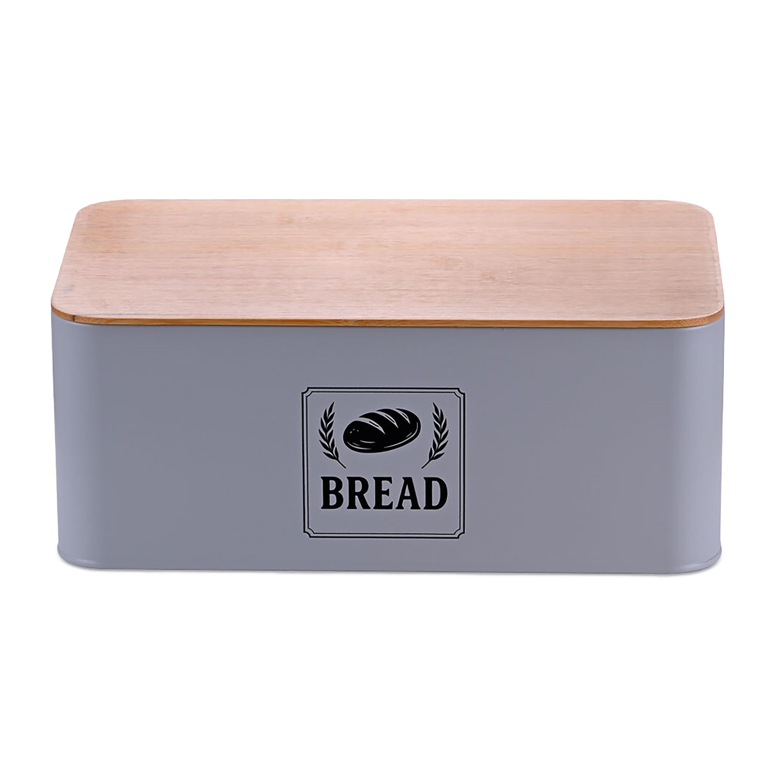 Relaxdays bread box, bamboo lid, metal, HxWxD: 13.5 x 33 x 19 cm, retro bread storage container, grey