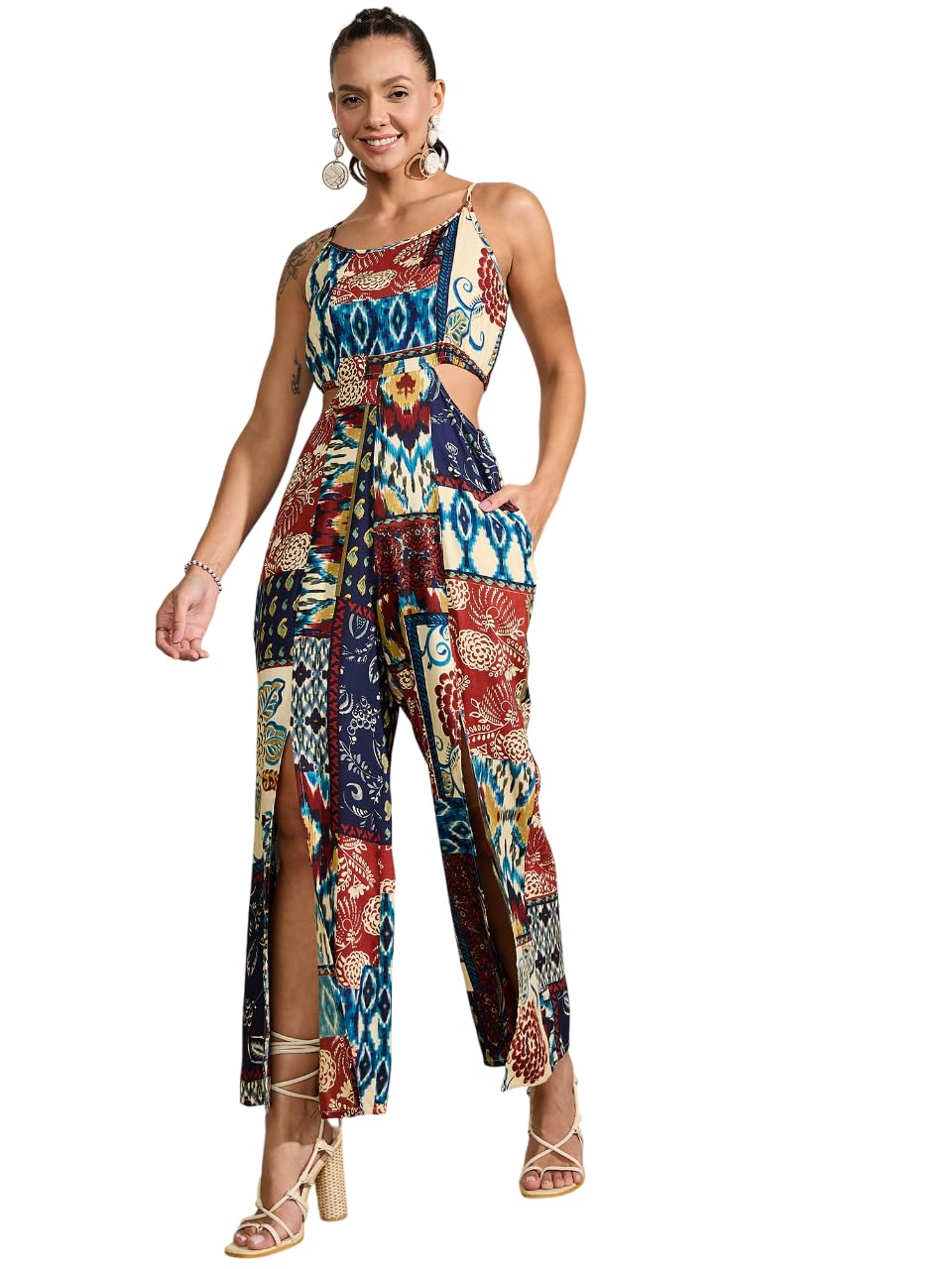 Multi -color Printed Waist Cut-out jumpsuit-image-47