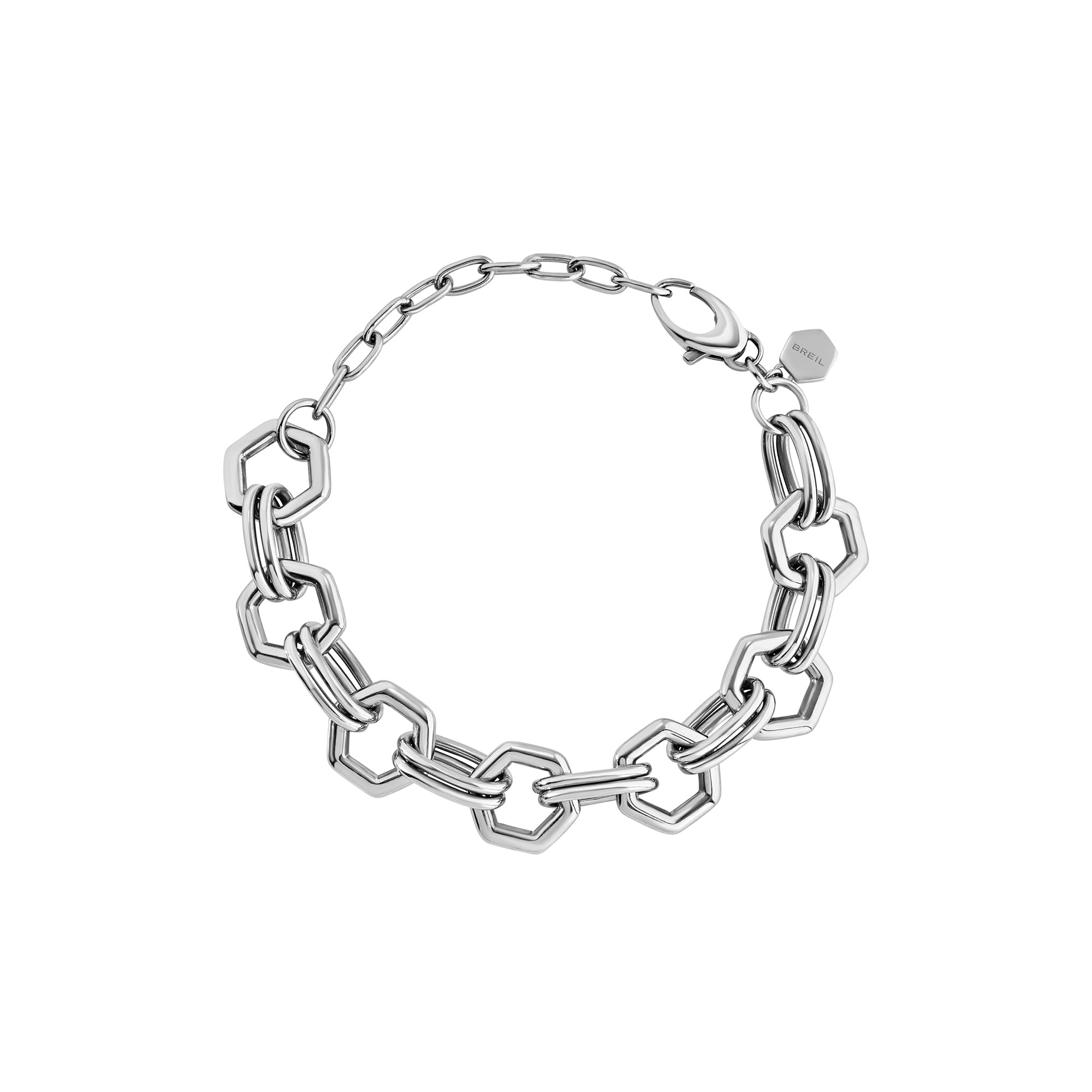 Breil, Collezione Hexagonia, Bracciale Donna in Acciaio Specchiato, con Doppia Catenina Sottile ed Elemento Esagonale, Pratica Chiusura, Lunghezza Regolabile 15-21 cm, Colore Silver, Idee Regalo Donna