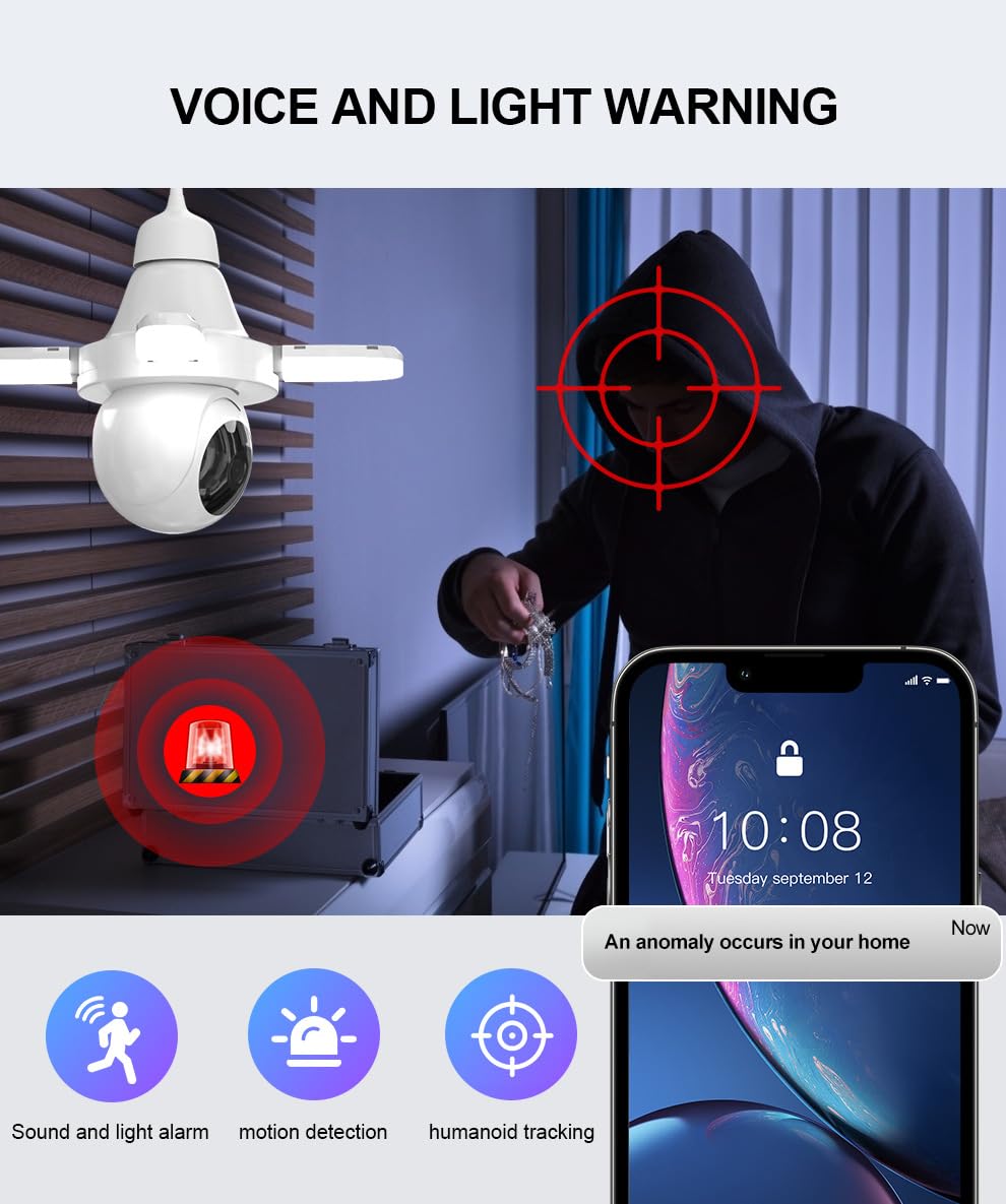 Caméra Ampoule WiFi 1080P Caméra de Surveillance Intérieure Discrète, Vision Nocturne IR & Couleur, Détection de Mouvement, Audio Bidirectionnel, PTZ 355°, Stockage Carte SD, Compatible Tuya Smart